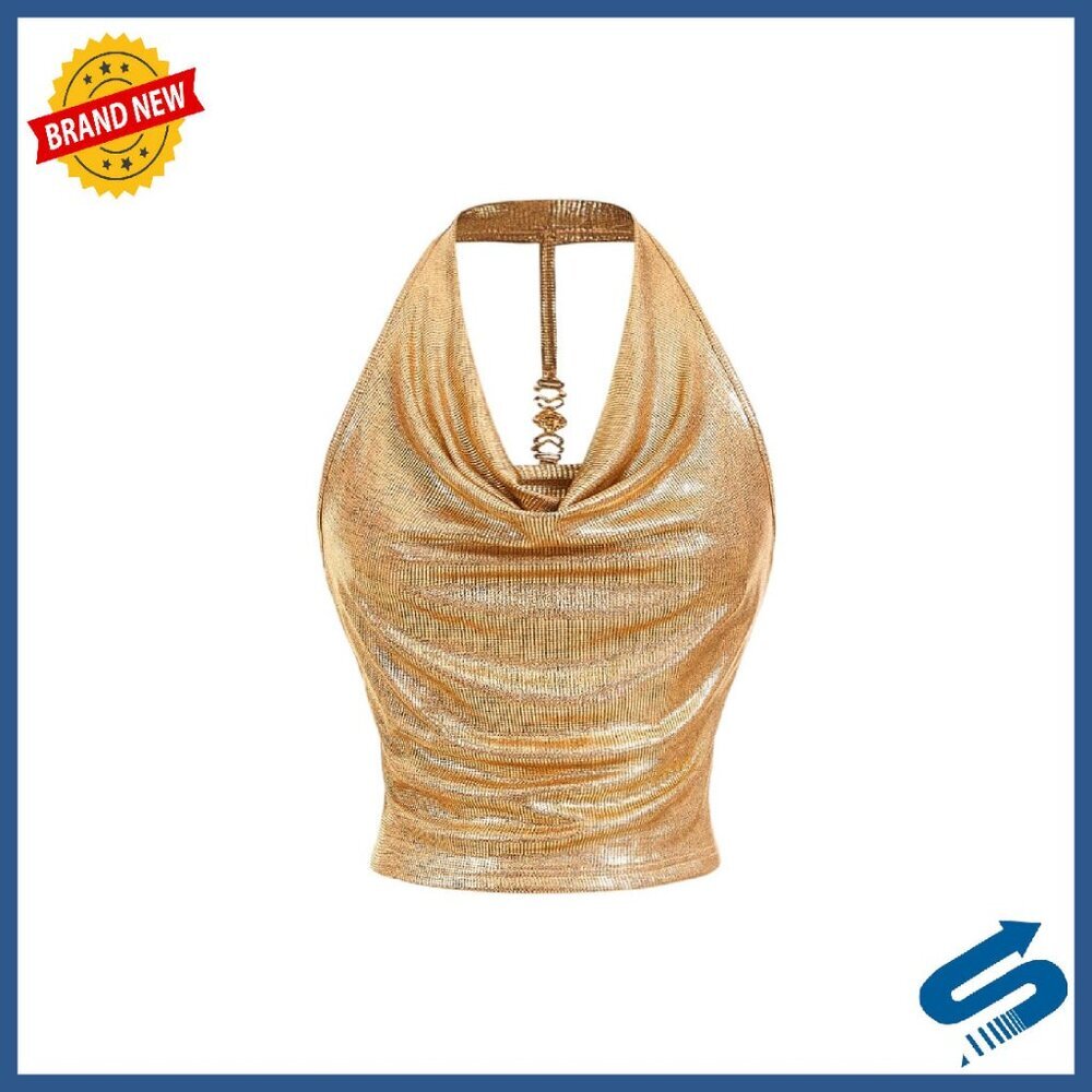 Metallic Halter Crop Top Ruched Backless Cowl Neck Party Club